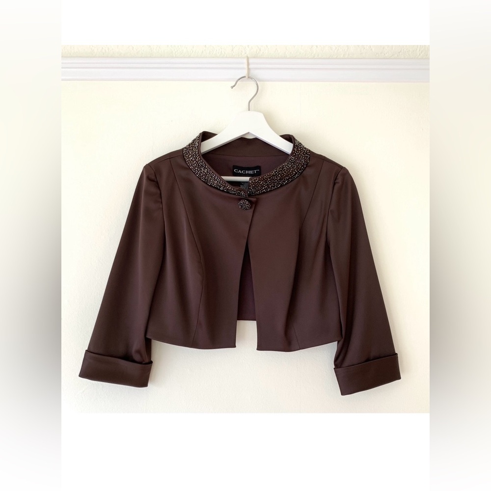 Cachet chocolate dark brown satin cropped beaded collar formal shrug jacket